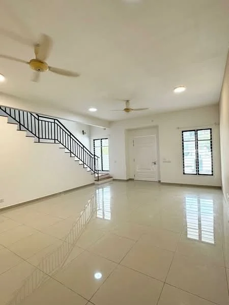 Living features: white painted walls, glossy ceramic tile flooring, 5-blade ceiling fan with light, recessed LED downlights, staircase with black metal railing, two windows with grilles, main entrance door, open layout; style: modern.
