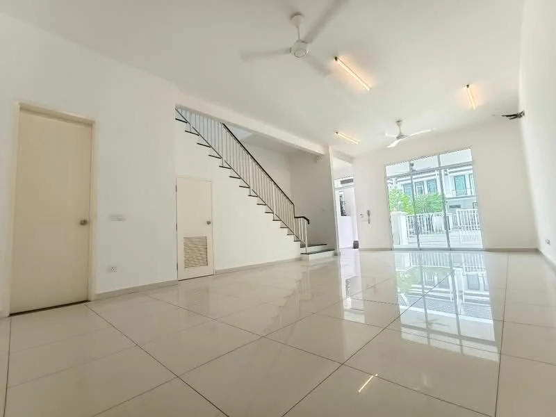 Living features: white painted walls, glossy ceramic tile flooring, exposed ceiling with lights, 2 ceiling fans, large sliding glass door, staircase with metal railing, air conditioning vent, door leading to hallway; style: modern.