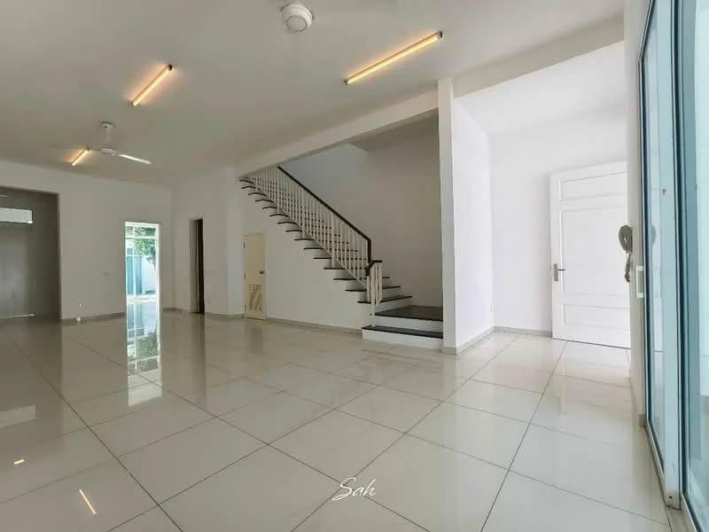 Room features: white painted walls, glossy ceramic tile flooring, staircase with white railing, ceiling lights, 1 ceiling fan, large glass sliding door, door with handle, open layout, natural light from windows; style: modern; view: garden.
