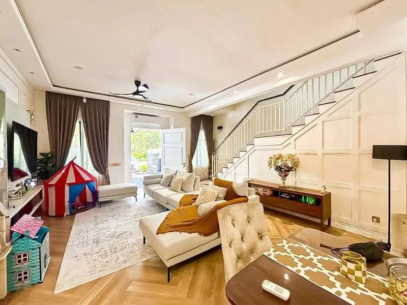 Living features: light grey fabric sectional sofa, beige tufted armchair, wooden coffee table, area rug with geometric pattern, wall-mounted TV, entertainment unit, 5-blade ceiling fan with light, large windows with sheer curtains, decorative wall paneling, staircase with white railing, indoor plants in ceramic pots, children's play tent, decorative vase with flowers; style: modern; view: garden.