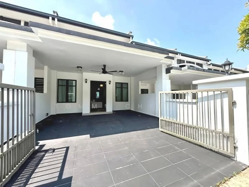Exterior type: semi-detached house; features: grey tiled flooring, white painted facade, black ceiling fan, metal gate, lantern-style outdoor lighting, large windows, covered porch area, manicured landscaping, fenced perimeter; style: modern.