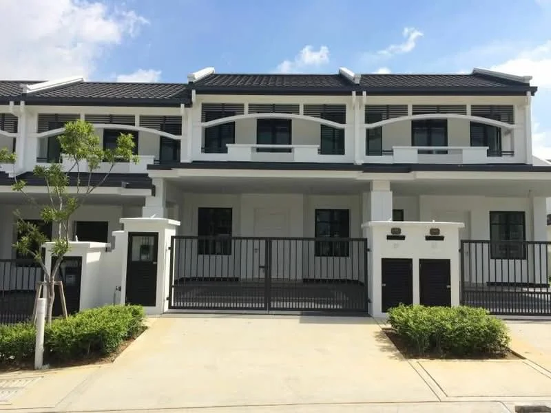 Exterior type: linked terrace house; features: white painted facade, black roof tiles, recessed balconies, metal gate, manicured landscaping, paved driveway, two-storey structure, modern architectural design; style: modern.