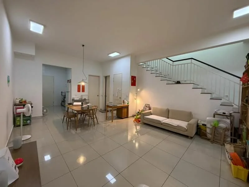 Living features: white painted walls, glossy ceramic tile flooring, recessed downlights, 3-seater fabric sofa in beige, wooden dining table with 4 chairs, pendant lamp, open staircase with white railing, decorative plants, side table, wall-mounted artwork; style: modern. Room features: white painted walls, glossy ceramic tile flooring, recessed downlights, closed doors, open doorway leading to another room.