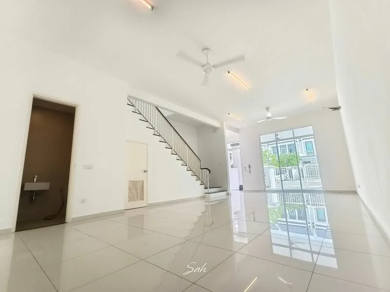 Living features: white painted walls, glossy tile flooring, 5-blade ceiling fan with light, 2 ceiling fans, staircase with metal railing, large windows for natural light, open layout, door leading to outdoor area; style: modern. Room features: white painted walls, glossy tile flooring, doorway leading to bathroom, unknown fixtures.