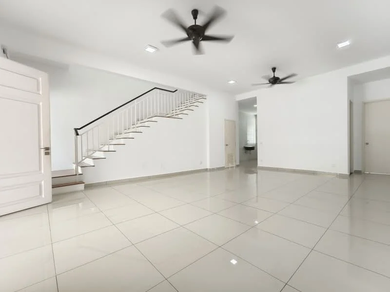 Living features: white painted walls, polished ceramic tile flooring, 5-blade ceiling fan with light, 5-blade ceiling fan with light, staircase with white railing, recessed downlights, large open space, doorway leading to another room; style: modern.