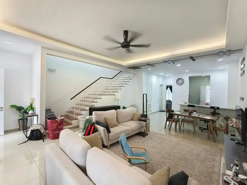 Living features: 3-seater fabric sofa in beige, 2-seater fabric sofa in light grey, armchair in blue, area rug with geometric pattern, wall-mounted TV, coffee table, ceiling fan with light, recessed LED downlights, large windows with sheer curtains, decorative wall clock, open-plan layout with dining area, tile flooring, white painted walls; style: modern. Dining features: dining table for 6, upholstered dining chairs, pendant lighting above table, open layout to living area, tile flooring, white painted walls; style: modern. Hallway features: staircase with wooden steps, white painted walls, recessed lighting, decorative wall clock; style: modern.