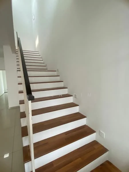 Room features: white painted walls, wooden staircase with white risers, polished tile flooring, handrail, natural light from upper level; style: modern.