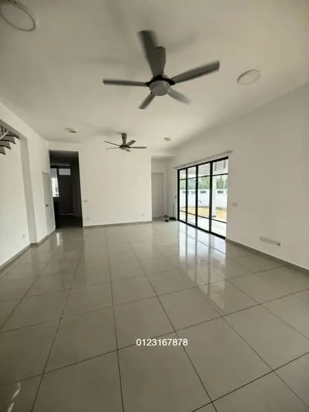Living features: white painted walls, glossy ceramic tile flooring, 5-blade ceiling fan with light, floor-to-ceiling windows, sliding glass door, natural light from windows, open layout, neutral color scheme; style: modern; view: garden.