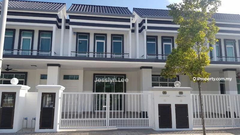 Exterior type: linked terrace house; features: white painted facade, glass windows, recessed balconies, gated entry, manicured landscaping, paved walkway, two-storey structure, modern architectural style; style: modern.
