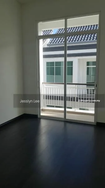 Room features: floor-to-ceiling windows, sliding glass door, dark wood flooring, white walls, balcony view, natural light; style: modern; view: garden.