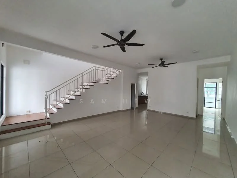 Living features: white painted walls, polished tile flooring, 2 ceiling fans, staircase with white railing, large windows, natural light, open layout, recessed lighting; style: modern.
