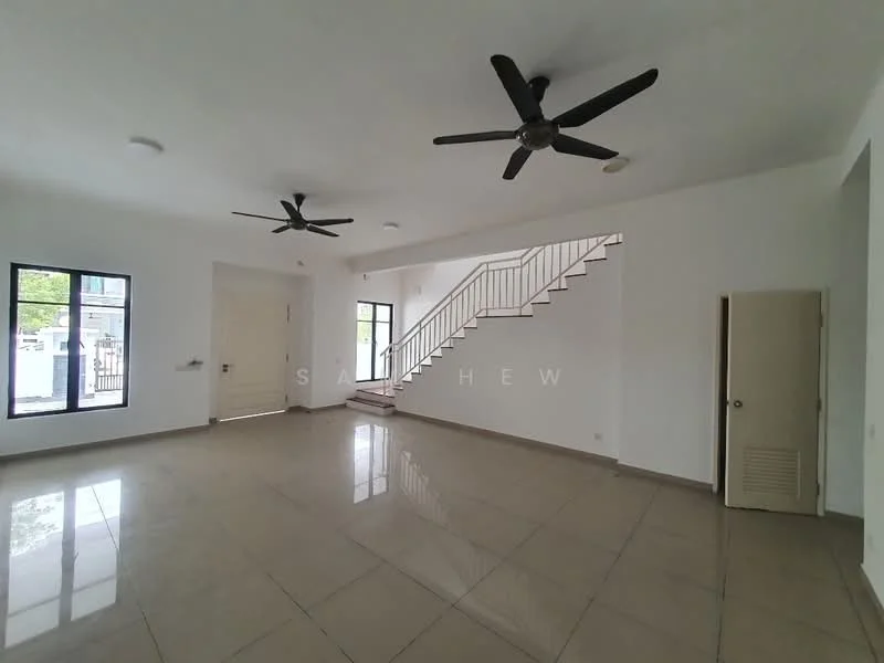 Living features: white painted walls, polished ceramic tile flooring, 2 ceiling fans, large windows, double-door main entrance, staircase with railing, door leading to unknown room, natural light from windows; style: modern.