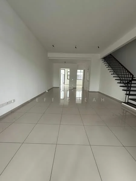 Living features: white painted walls, glossy ceramic tile flooring, recessed downlights, large windows, open layout, staircase with metal railing, neutral color scheme, high ceiling; style: modern.