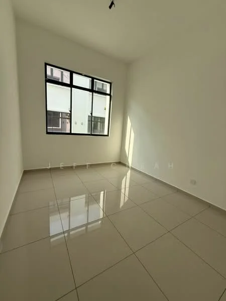 Room features: white painted walls, glossy ceramic tile flooring, large windows with black frames, natural light from window, no visible furniture, neutral color scheme, minimalist design, clean lines; style: modern.