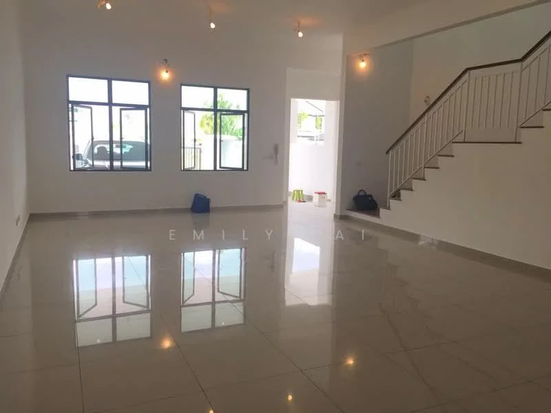 Living features: white painted walls, polished marble flooring, recessed downlights, large windows, sliding glass door, open layout, staircase with railing, natural light, empty space; style: modern; view: garden.