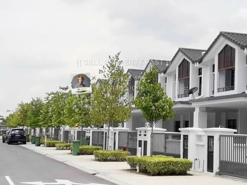 Exterior type: linked terrace house; features: white painted facade, pitched tile roof, manicured lawn, mature trees, paved walkway, fenced front yard, car porch, satellite dish, street lighting, curbside trash bins; style: modern.