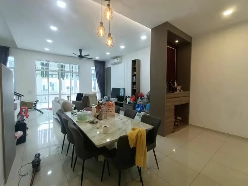 Dining features: marble dining table, 8 upholstered dining chairs, 5-blade ceiling fan with light, recessed downlights, cream painted walls, glossy tile flooring, built-in wooden cabinet, TV console, floor-to-ceiling windows, curtains, decorative wall niche; style: modern. Living features: sofa, coffee table, TV, entertainment unit; style: modern.