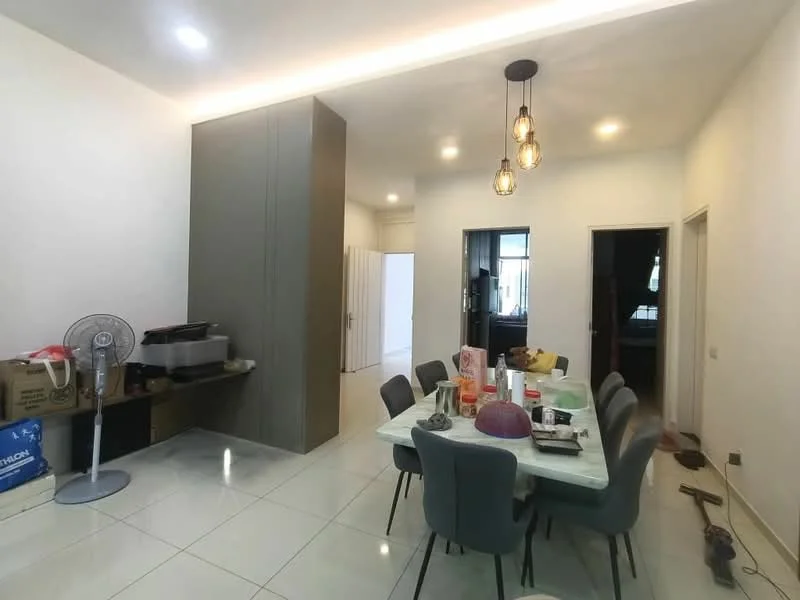 Dining features: white painted walls, glossy tile flooring, 6-seater dining table, upholstered dining chairs, pendant lighting, ceiling lights, wall-mounted fan, open layout, storage cabinets, decorative items on table; style: modern. Room features: white painted walls, glossy tile flooring, doorway leading to another room, boxes stacked against the wall.