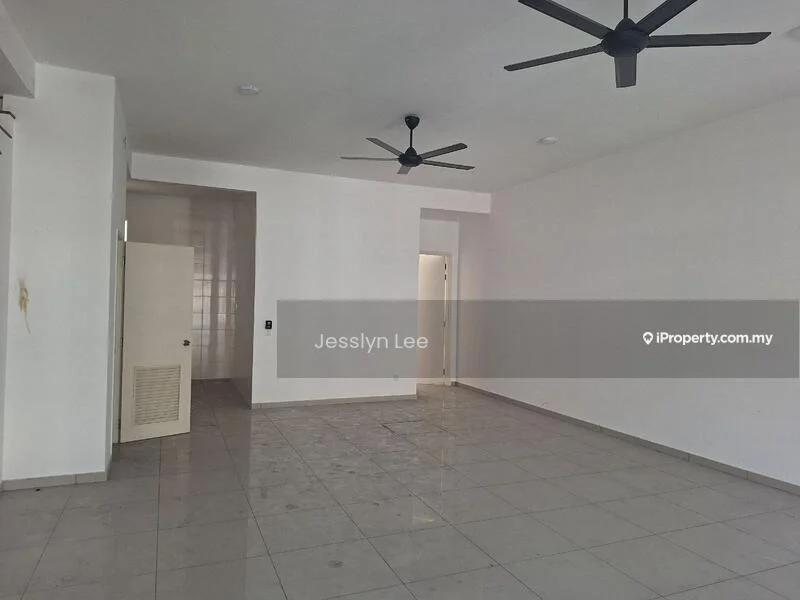 Room features: white painted walls, grey floor tiles, 2 ceiling fans, recessed lighting, doorway leading to another room, door with vent, open layout, no visible furniture; style: modern.