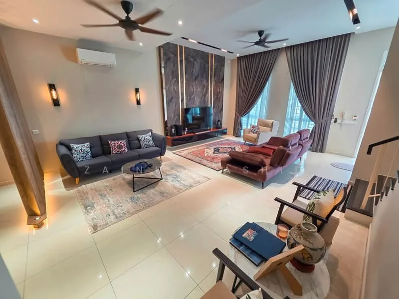 Living features: 3-seater fabric sofa in dark grey, 2-seater leather sofa in brown, coffee table with black top, area rug with geometric pattern, wall-mounted TV, feature wall with stone cladding, recessed downlights, 2 ceiling fans, curtains in light grey, white painted walls, cream tile flooring; style: modern.