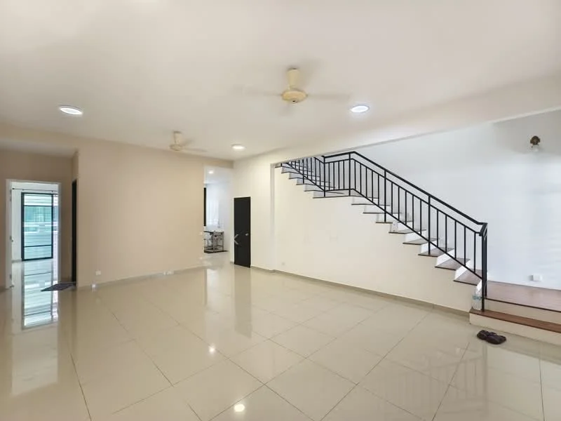 Living features: glossy beige tile flooring, cream painted walls, exposed staircase with black railing, ceiling fan, recessed downlights, large windows for natural light, open layout, space for furniture arrangement; style: modern.