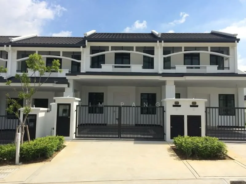 Exterior type: linked terrace house; features: white painted facade, black window frames, gated entrance, manicured landscaping, paved driveway, two-storey structure, pitched tile roof, front porch area, balconies on upper floor, modern architectural design; style: modern.