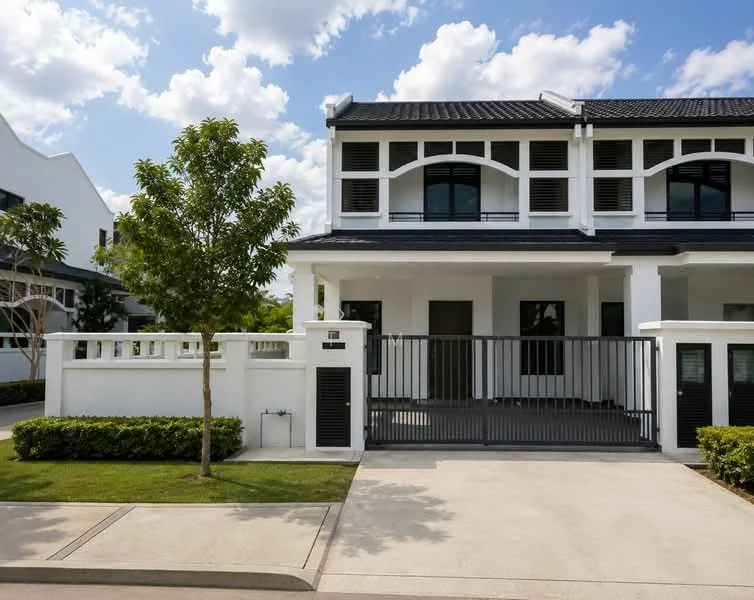 Exterior type: linked terrace house; features: white painted facade, black tiled roof, horizontal louvre windows, manicured lawn, paved driveway, metal gate, surrounding greenery, two-storey structure; style: modern.