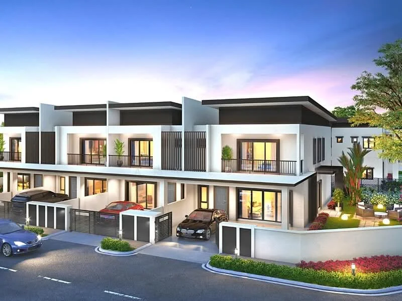 Exterior type: linked terrace house; features: white painted facade, black accent panels, flat roof, double-storey, manicured lawn, paved driveway, car porch with awning, landscaped garden with shrubs, balconies with glass railings, outdoor seating area, security gate, surrounded by greenery; style: modern.