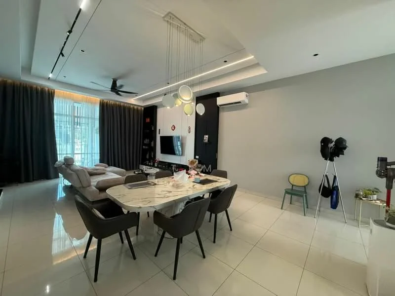 Living features: 3-seater fabric sofa in light grey, marble dining table, 4 upholstered dining chairs, wall-mounted TV, ceiling fan with light, recessed downlights, floor-to-ceiling windows with sheer curtains, white painted walls, polished tile flooring, decorative pendant lights, black shelving unit, air conditioning unit; style: modern.