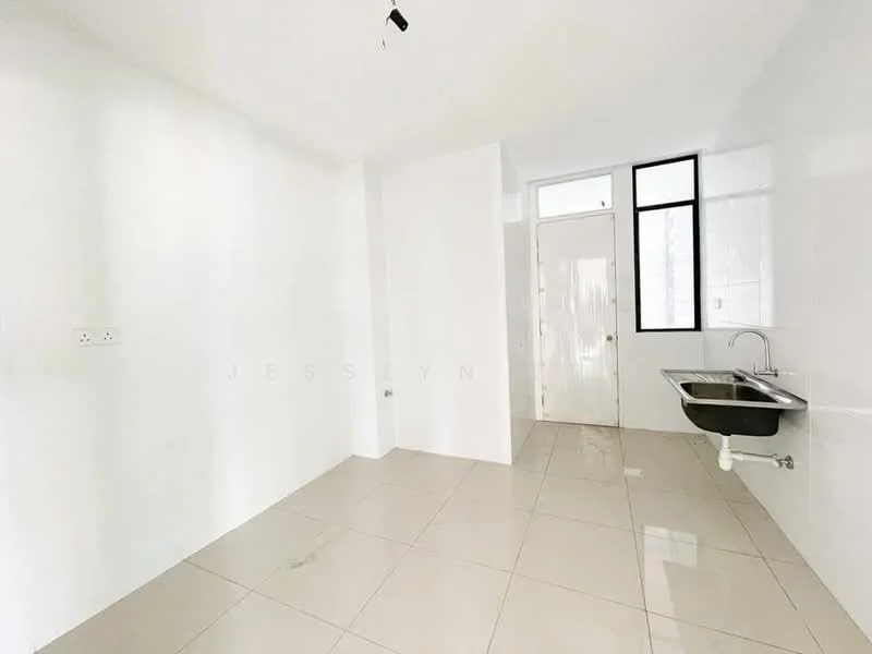 Room features: white painted walls, glossy ceramic tile flooring, single-bowl stainless-steel sink, window with natural light, door leading outside, no visible appliances, no visible furniture, neutral color scheme; style: minimalist.