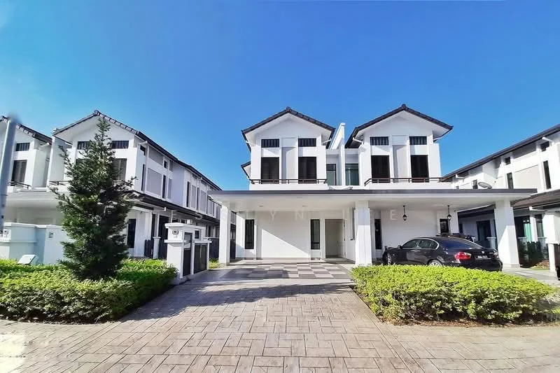 Exterior type: linked terrace house; features: white painted facade, pitched tile roof, double-storey, manicured lawn, paved driveway, front porch, landscaped garden, car porch with awning, mature trees, modern architectural design, balconies on upper floor; style: modern.