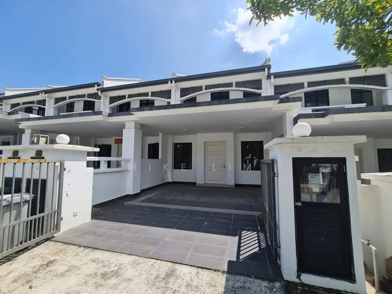 Exterior type: linked terrace house; features: white painted facade, flat roof, approximately 2-storey, grey tiled flooring in driveway, manicured lawn, gated entrance, outdoor lighting fixtures, large windows, balconies on upper level, paved walkway; style: modern.