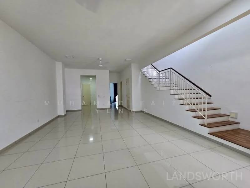 Room features: white painted walls, glossy ceramic tile flooring, staircase with wooden steps, metal railing on staircase, ceiling fan, recessed downlights, open layout, large windows, neutral color scheme; style: modern.