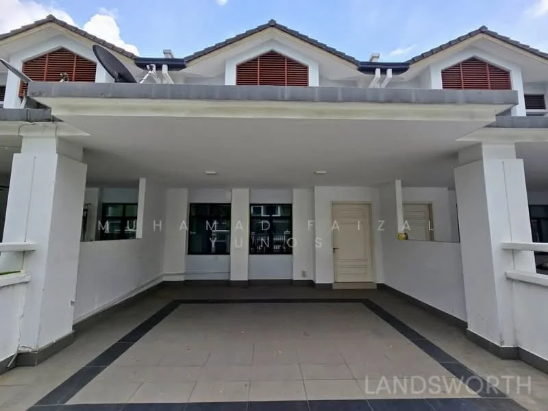 Exterior type: linked terrace house; features: white painted facade, flat roof, 2-storey, paved walkway, front porch area, windows with red shutters, outdoor lighting, surrounded by greenery; style: modern.