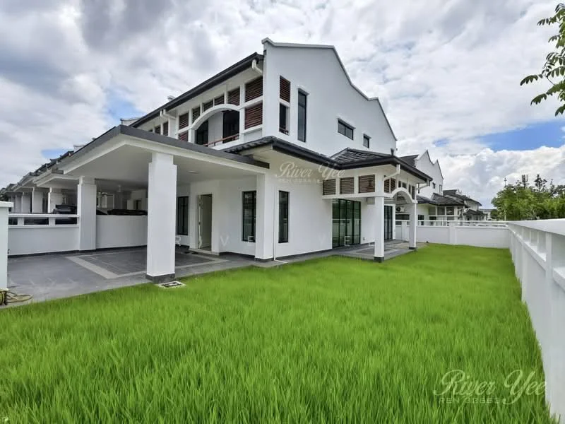 Exterior type: semi-detached house; features: white painted facade, flat roof, manicured lawn, paved walkway, large windows, covered porch, balcony with railing, surrounded by greenery; style: modern.