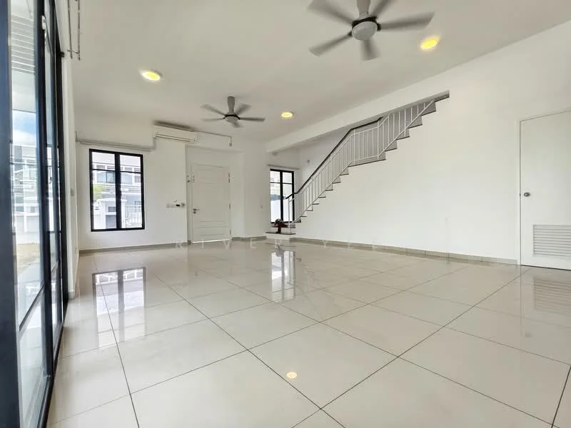 Living features: white painted walls, polished ceramic tile flooring, 5-blade ceiling fan with light, recessed downlights, floor-to-ceiling windows, sliding glass door, air conditioning unit, staircase with white railing; style: modern.