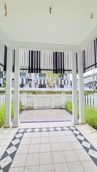 Exterior features: covered porch, decorative floor tiles with geometric pattern, white picket fence, manicured grass, vertical slats for privacy, surrounding greenery; style: modern.