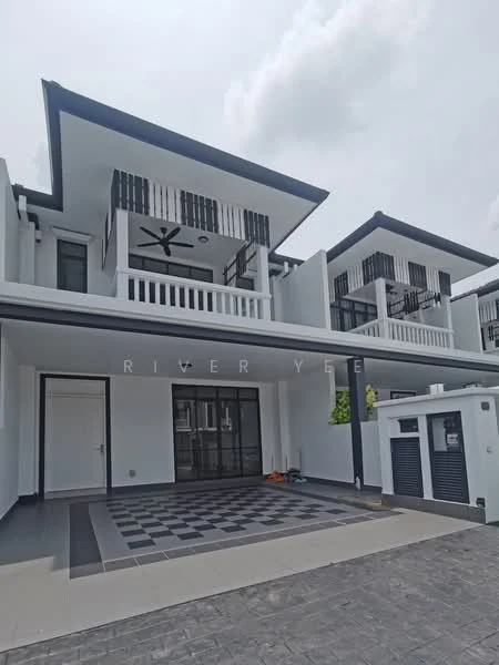Exterior type: detached bungalow; features: white painted facade, flat roof, 2-storey building, balconies with railings, large windows, sliding glass door, checkerboard tile flooring at entrance, manicured landscaping, driveway with interlocking pavers, ceiling fan on balcony; style: modern.