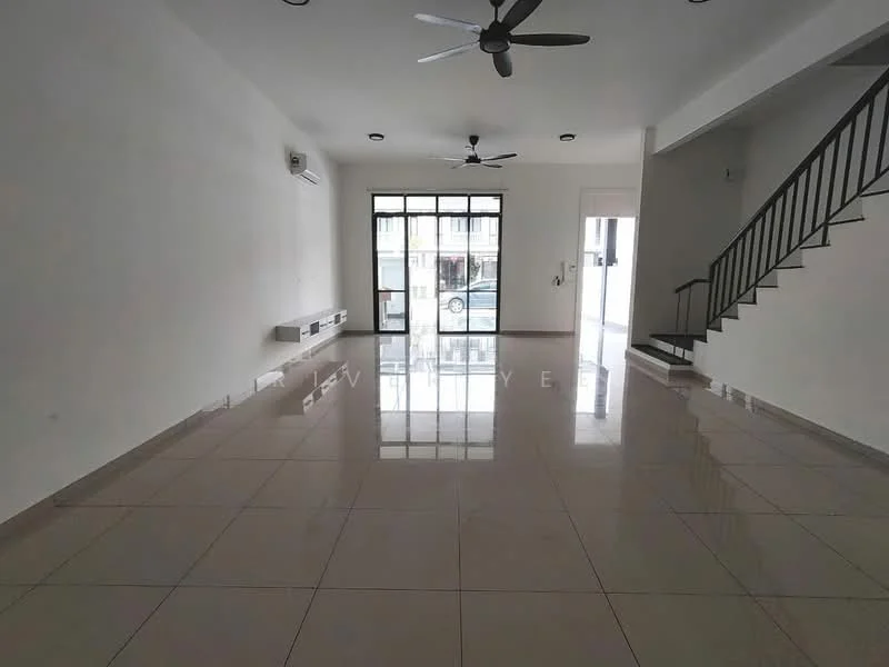 Living features: white painted walls, glossy tile flooring, 2 ceiling fans, large front windows, glass door, air conditioning unit, open layout, staircase leading to upper floor, wall-mounted shelf; style: modern.