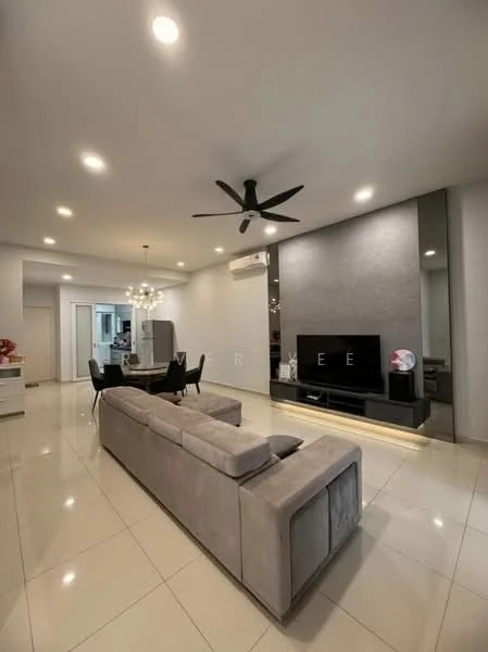 Living features: 3-seater fabric sofa in grey, ceiling fan with light, wall-mounted TV, TV console, chandelier, recessed downlights, polished tile flooring, grey accent wall, glass mirror panel, open layout, air conditioning unit; style: modern.