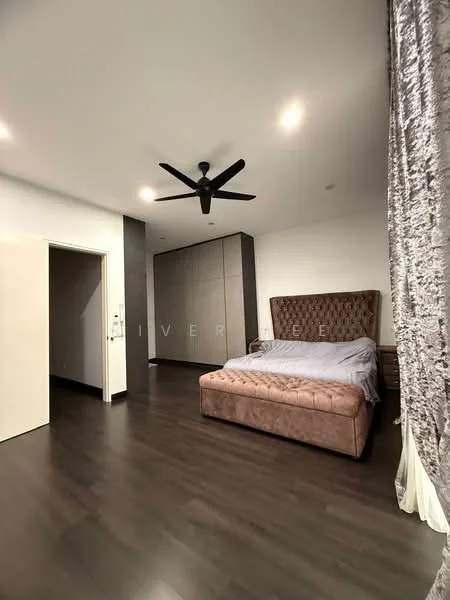 Bedroom features: king-size bed with upholstered headboard, dark wood flooring, 5-blade ceiling fan, built-in wardrobe, white walls, curtains with a textured pattern, recessed lighting, door leading to hallway; style: modern.