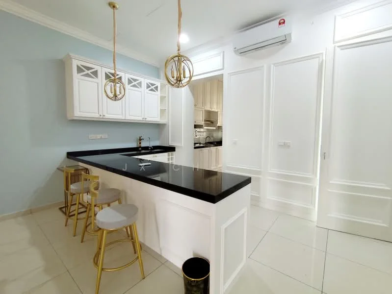 Kitchen features: black granite countertop, white shaker cabinets, stainless-steel sink, chrome pull-down faucet, built-in oven, freestanding range oven, microwave, 3 bar stools with gold legs, pendant lighting, tile flooring, recessed downlights, air conditioning unit; style: modern.