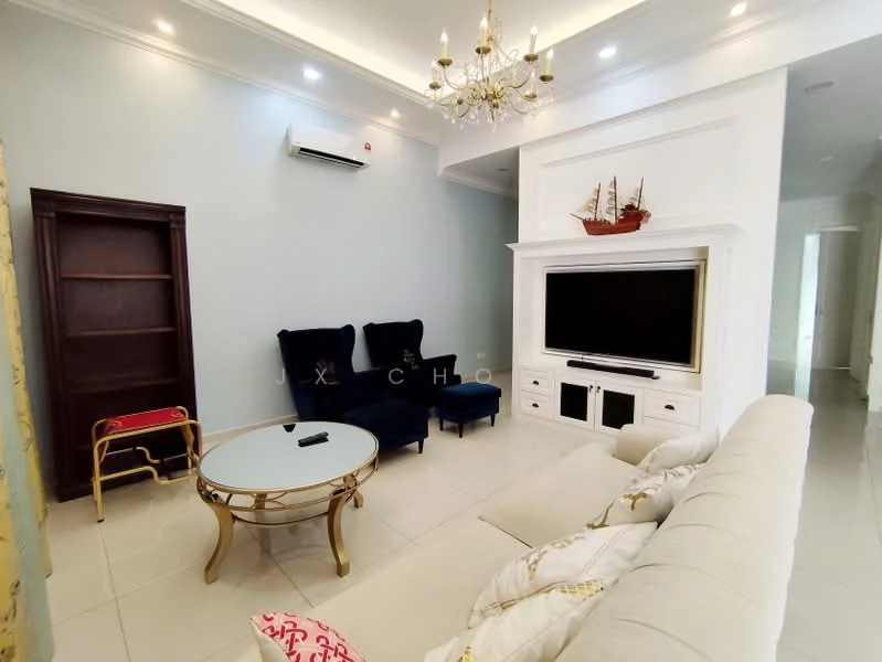 Living features: cream upholstered sofa, 2 blue velvet armchairs, glass coffee table with gold frame, wall-mounted flat-screen TV, white entertainment unit, decorative ship model on wall unit, recessed ceiling lights, chandelier with multiple bulbs, air conditioning unit, light grey painted walls, white crown moulding, glossy tiled flooring; style: modern.
