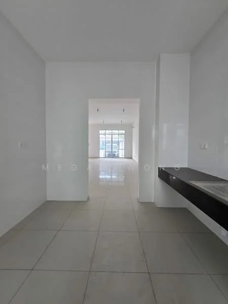 Room features: white painted walls, large windows, tile flooring, recessed downlights, open layout, neutral color scheme, high ceiling, minimalist design; style: modern.