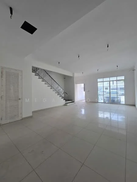 Room features: white painted walls, polished ceramic tile flooring, recessed downlights, staircase with metal railing, large windows, open layout, ceiling with no visible fixtures, doorway leading to another area; style: modern.