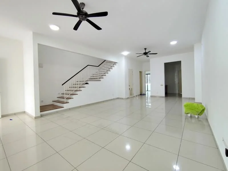 Living features: white painted walls, glossy ceramic tile flooring, 2 ceiling fans, recessed downlights, staircase with wooden steps and white railing, large windows for natural light, open layout, neutral color scheme; style: modern.