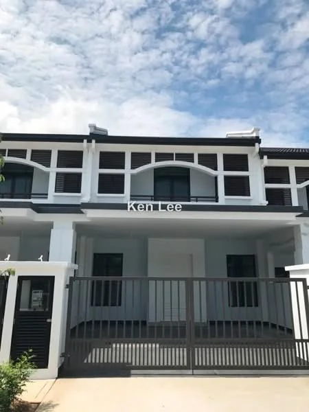 Exterior type: linked terrace house; features: white painted facade, black window shutters, flat roof, two-storey structure, gated entrance, manicured front yard, concrete driveway, large windows, balcony on upper floor, modern architectural design; style: modern.