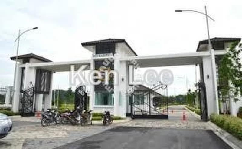 Exterior type: main entrance gate; features: white painted facade, glass panels, black wrought iron gates, paved driveway, landscaped greenery, street lamps, security booth, two-storey structure; style: modern.