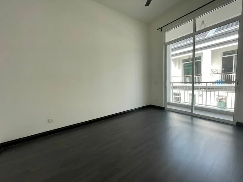 Room features: white painted walls, dark wood flooring, floor-to-ceiling windows, sliding glass door, balcony access, high ceiling, ceiling fan; style: modern.