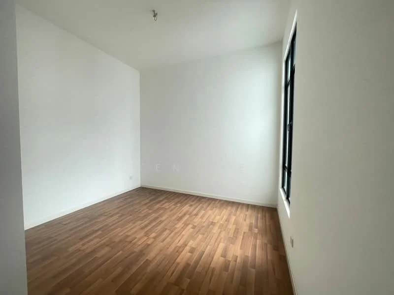 Room features: white painted walls, wooden flooring, large window with black frame, no visible furniture, neutral color scheme, high ceiling; style: minimalist.